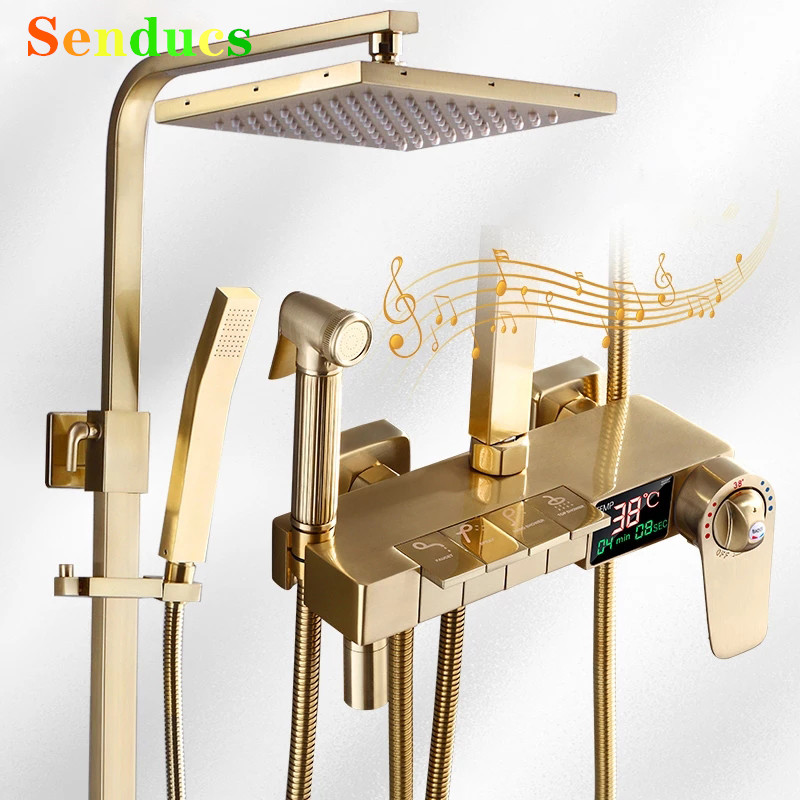 Home Bathroom Faucets - Brushed Gold Digital Bathrooom Shower Set