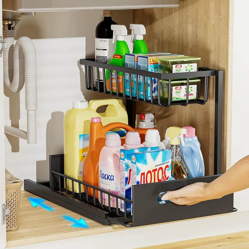 Home Kitchen Bathroom Cleaning - 2-Tier Sliding Under Sink Organizer -