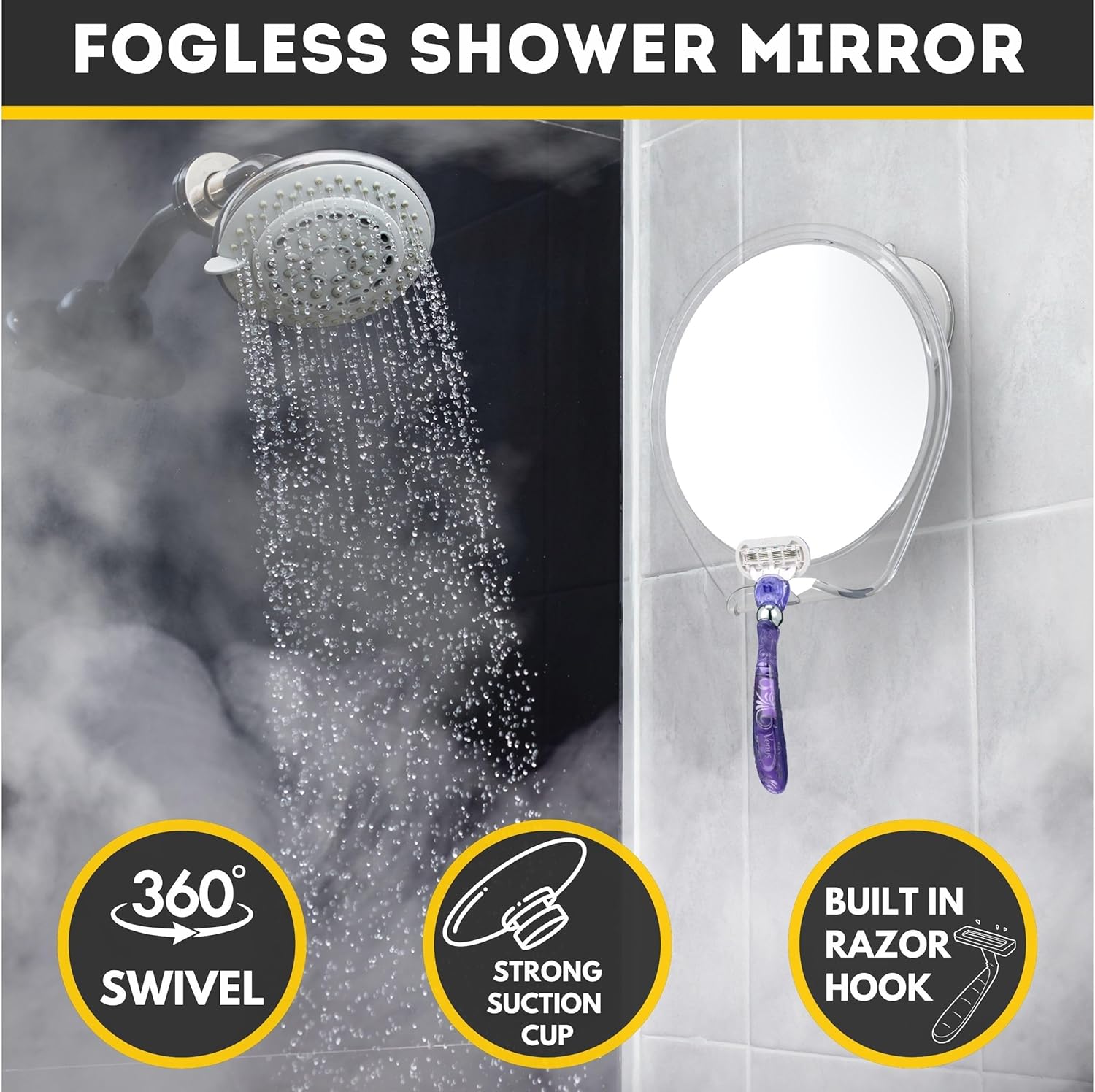 Fogless Shower Mirror with Suc - Shaving Mirror Suction ulasan dan harga