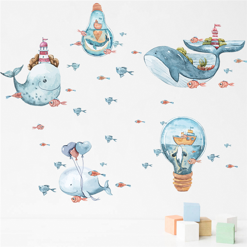 Cute Whale Ocean Fishes Patter - Home Bathroom Wall Tiles ulasan dan harga