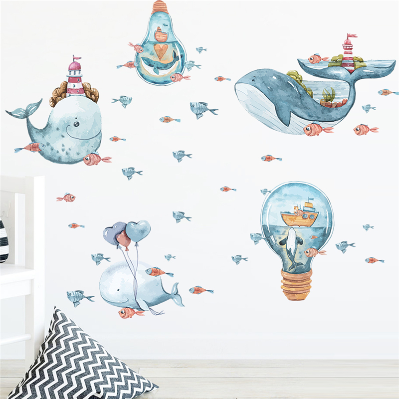 Cute Whale Ocean Fishes Patter - Home Bathroom Wall Tiles ulasan dan harga